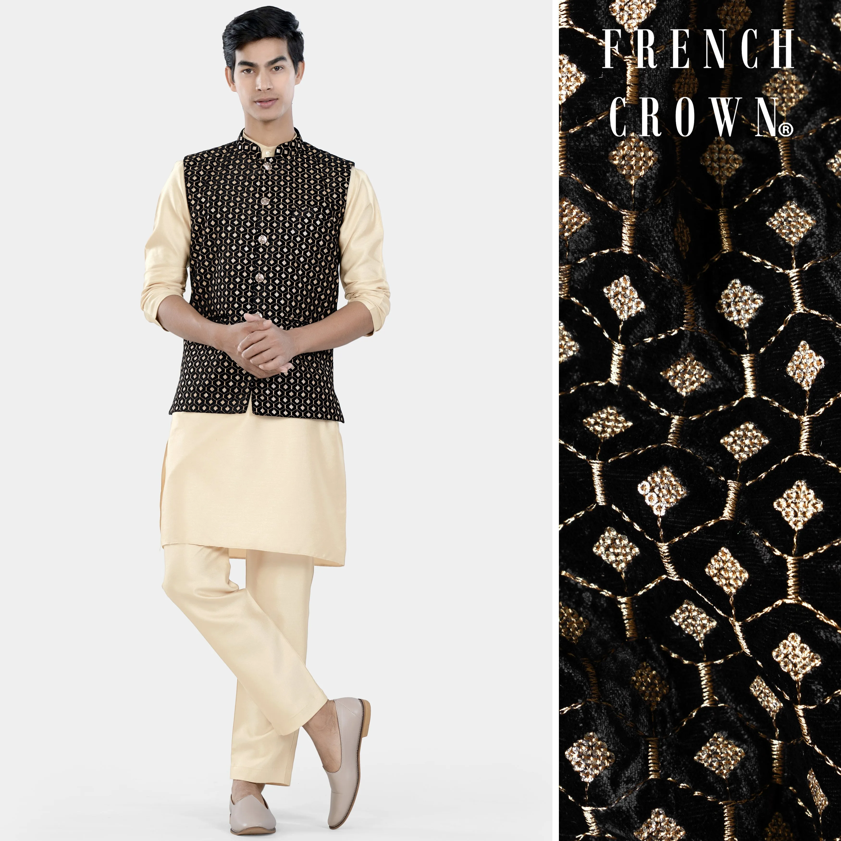 Almond Brown Kurta Set with Jade Black and Fawn Brown Hexagon Thread and Sequin Embroidered Designer Nehru Jacket