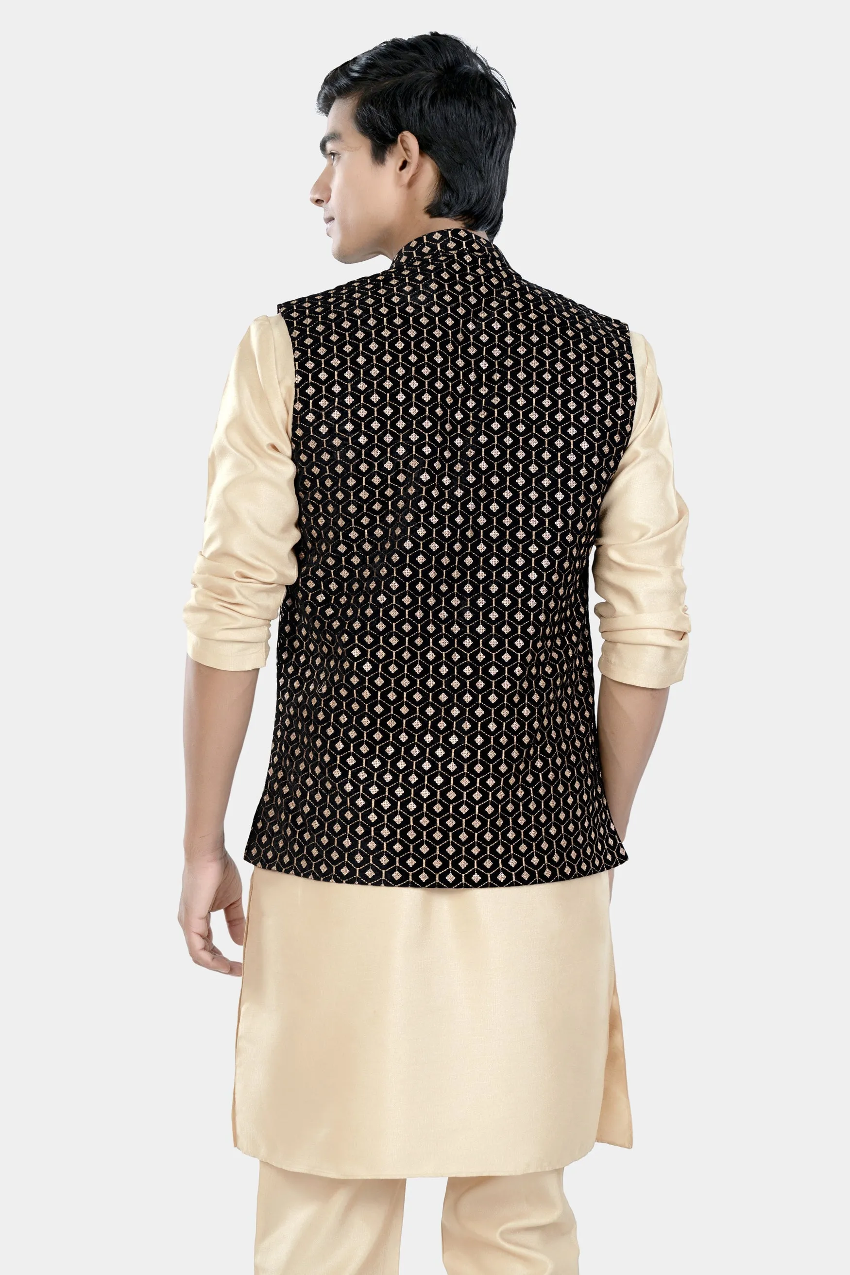 Almond Brown Kurta Set with Jade Black and Fawn Brown Hexagon Thread and Sequin Embroidered Designer Nehru Jacket