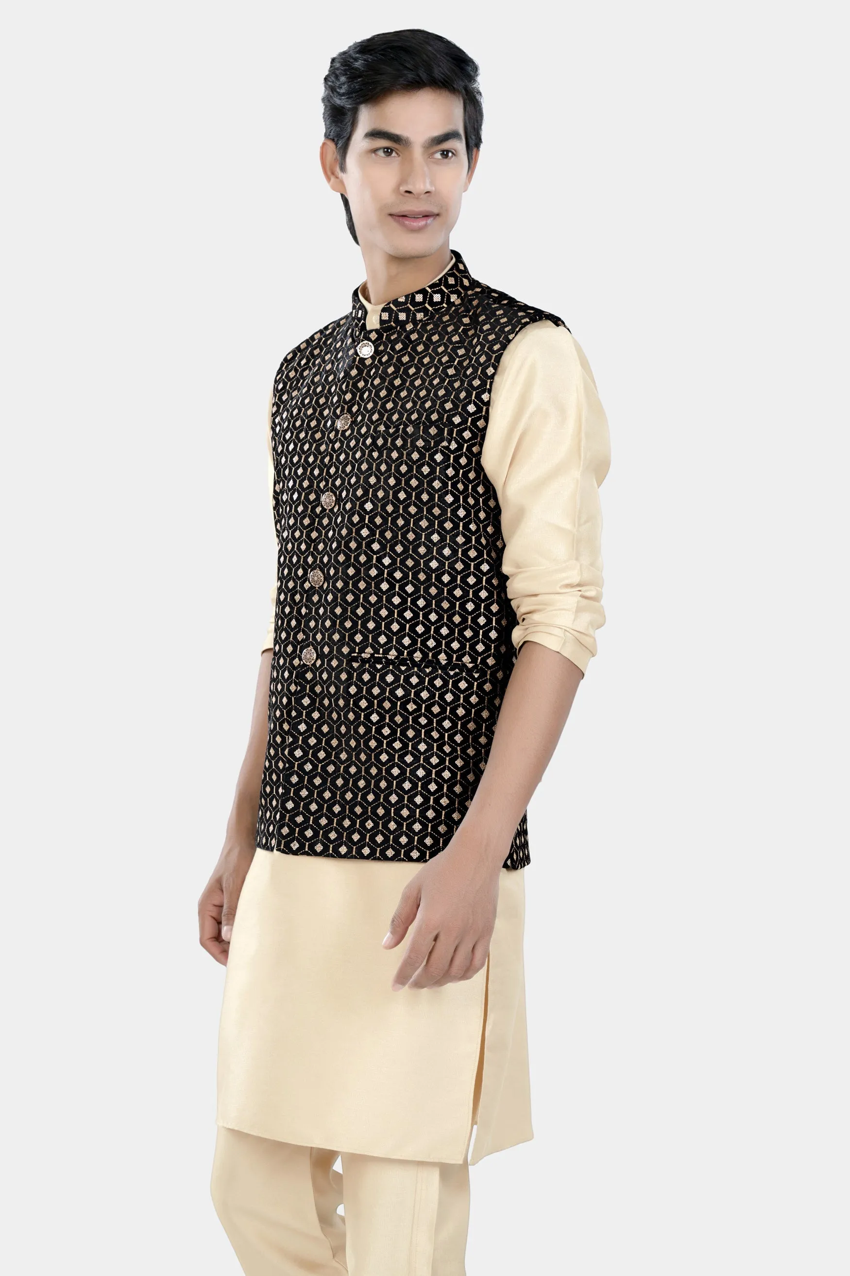 Almond Brown Kurta Set with Jade Black and Fawn Brown Hexagon Thread and Sequin Embroidered Designer Nehru Jacket