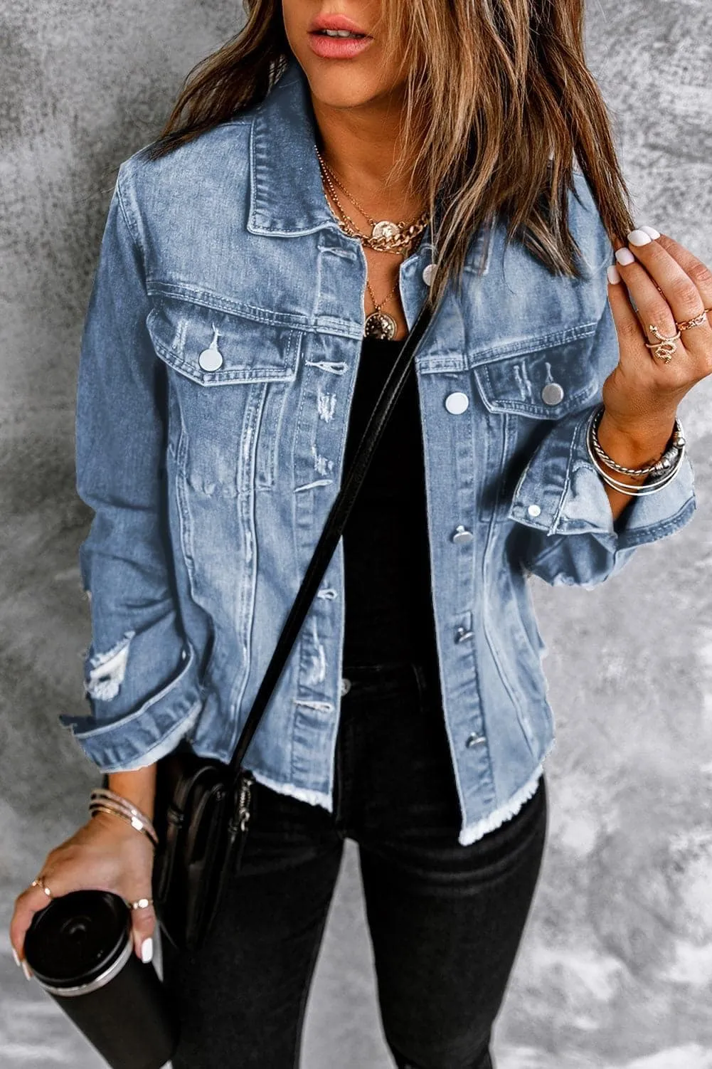 Alyssa Distressed Raw Hem Denim Jacket