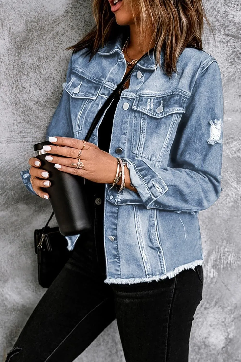 Alyssa Distressed Raw Hem Denim Jacket