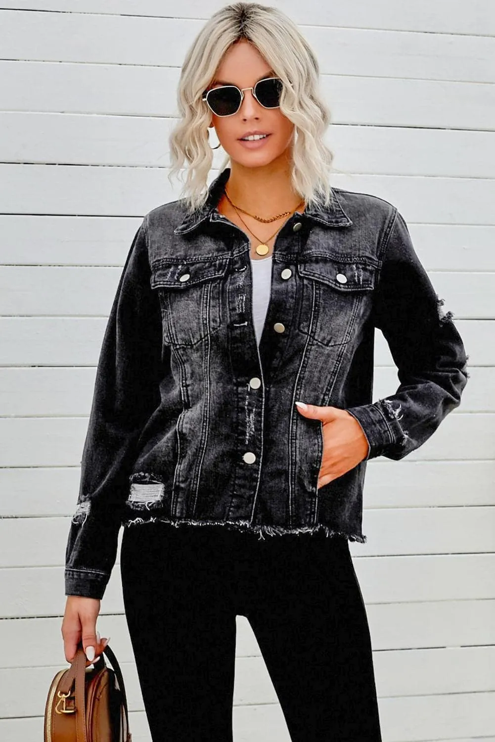 Alyssa Distressed Raw Hem Denim Jacket