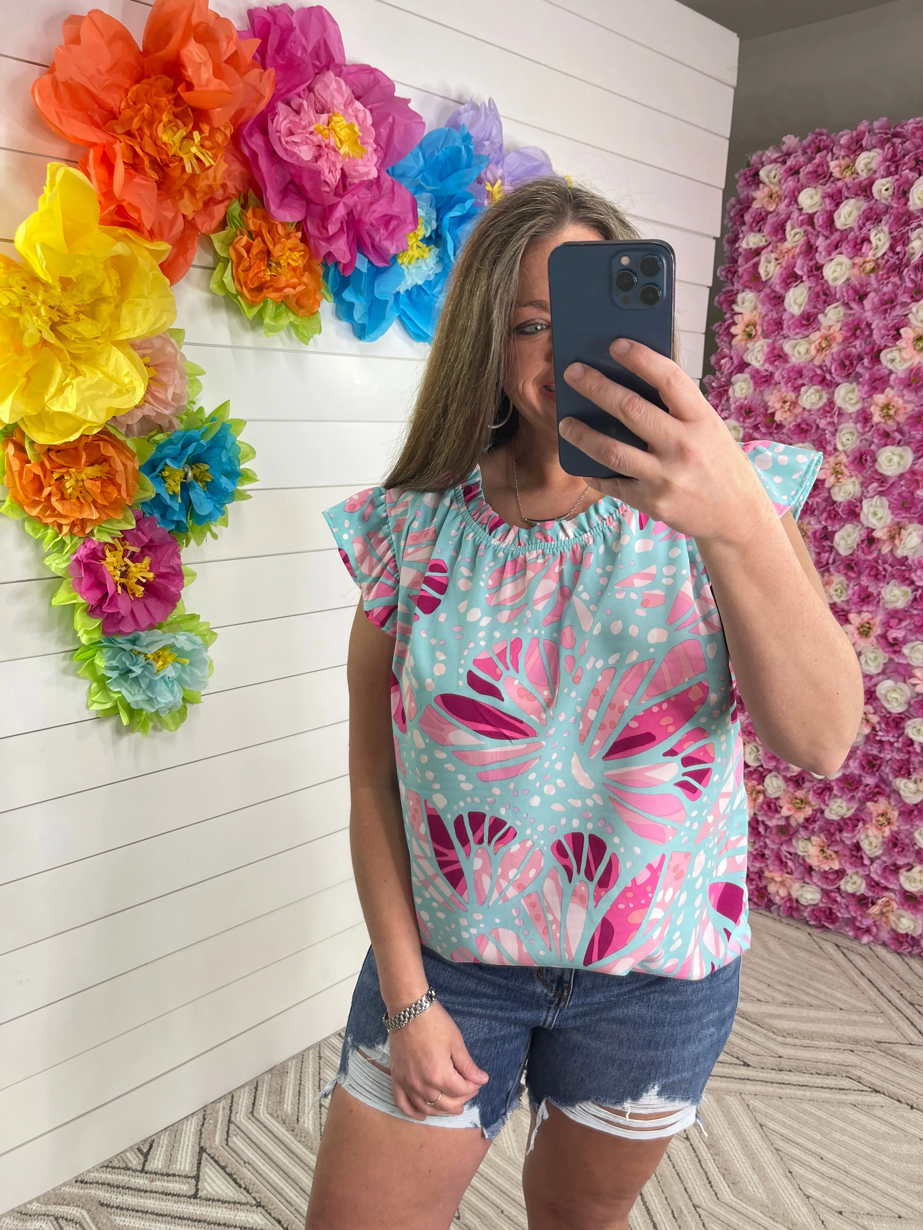 AQUA/PINK PRINTED RUFFLE CAP SLEEVE TOP