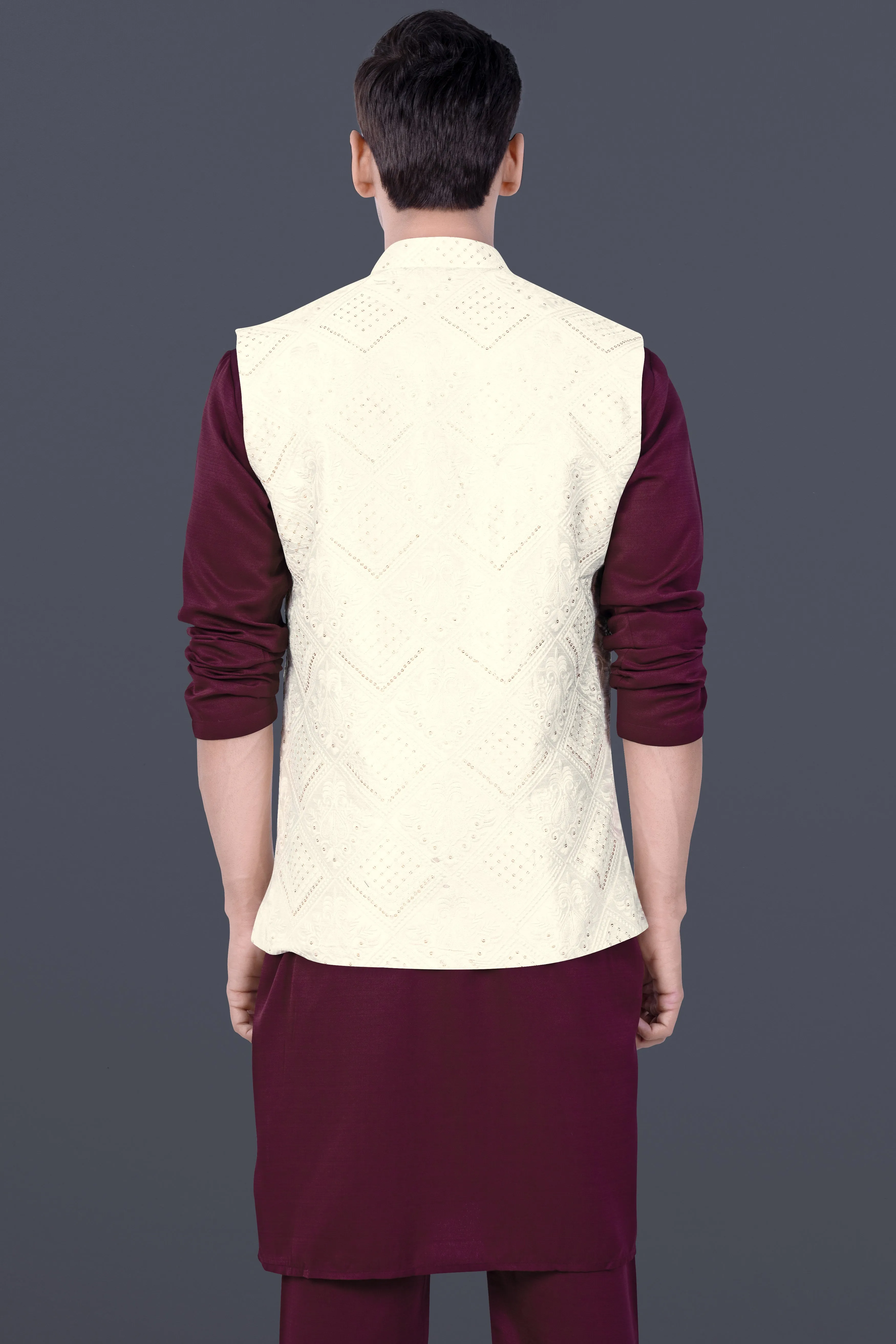 Aubergine Maroon Kurta Set With Eggshell Cream Trellis Sequin And Thread Embroidered Nehru Jacket