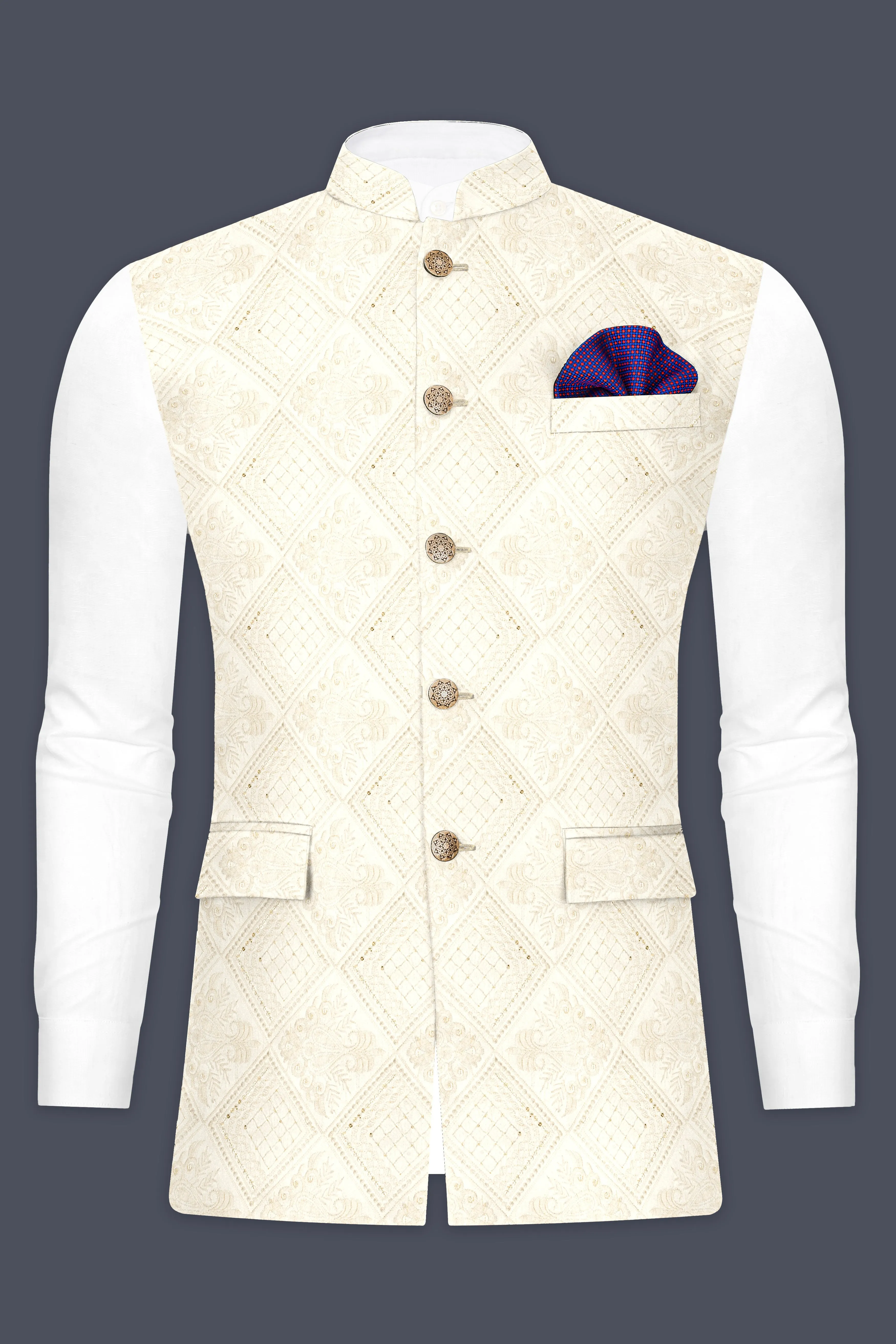 Aubergine Maroon Kurta Set With Eggshell Cream Trellis Sequin And Thread Embroidered Nehru Jacket