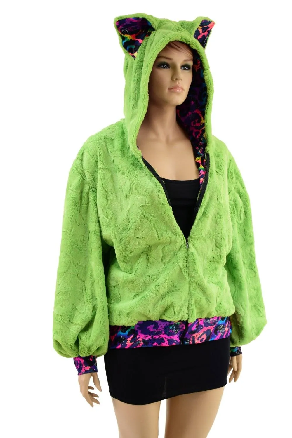 Avocado Minky Balloon Sleeve Long Banded Jacket with Fox Ears