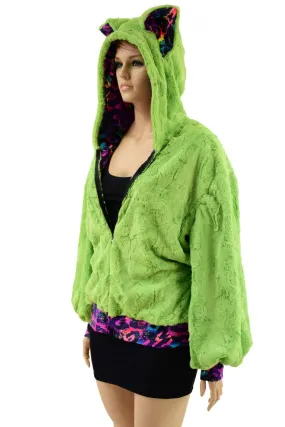 Avocado Minky Balloon Sleeve Long Banded Jacket with Fox Ears