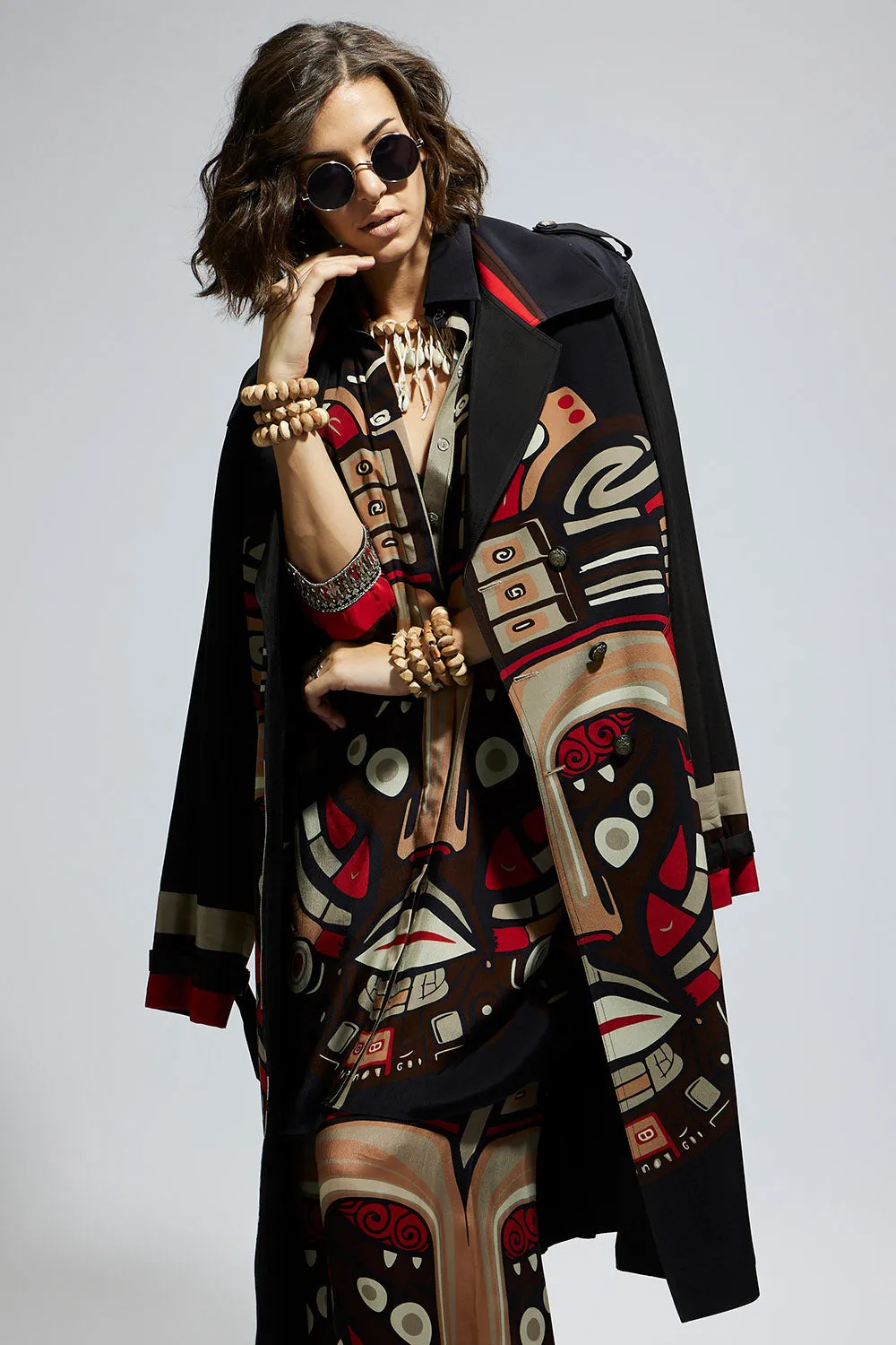 Black Mask Print Trench Coat