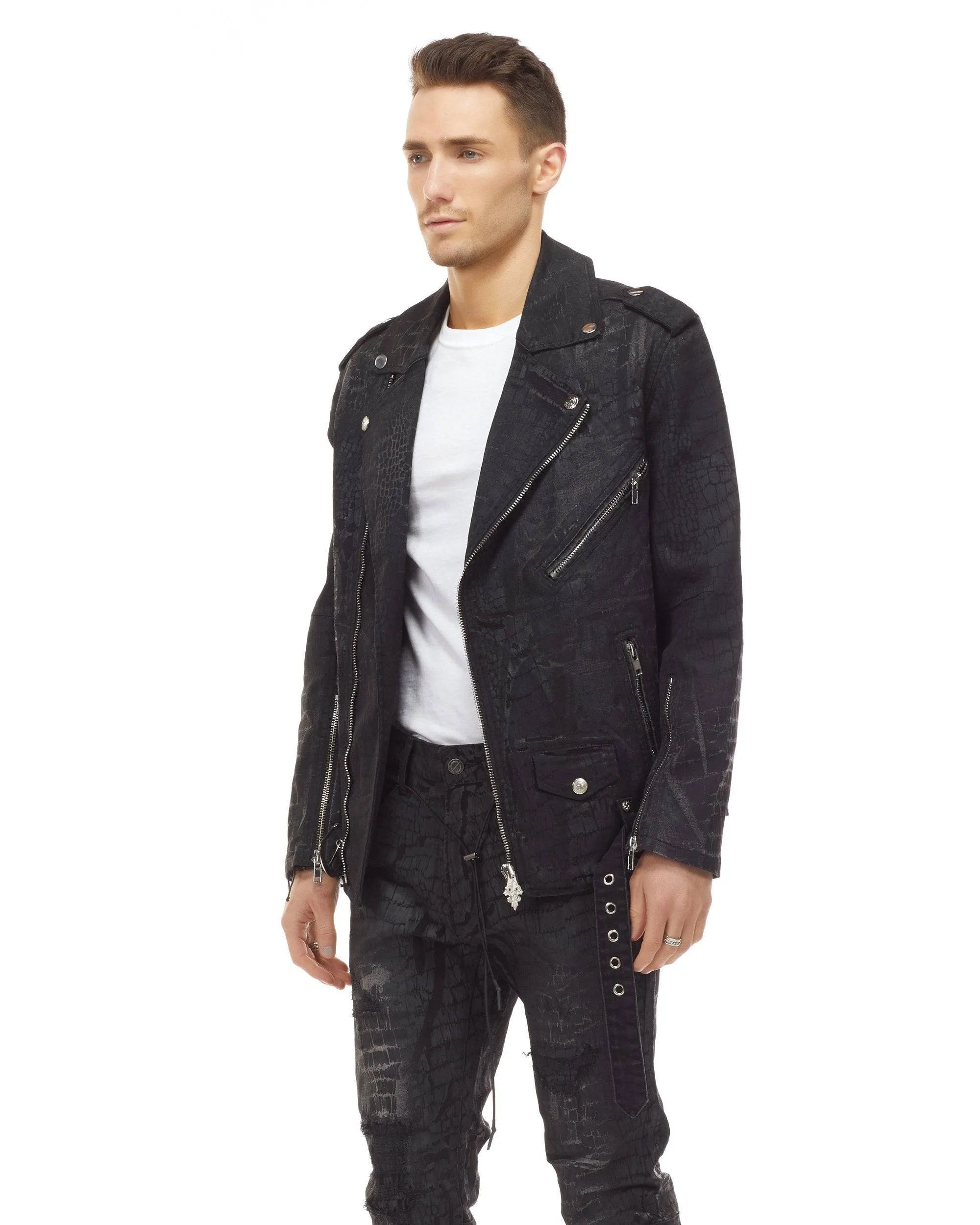 Bleunoir Crocodile Print Jean Biker Jacket - Black