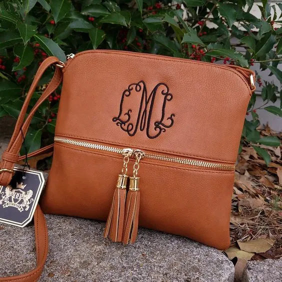 Camel tassel cross body hipster bag Monogrammed purse