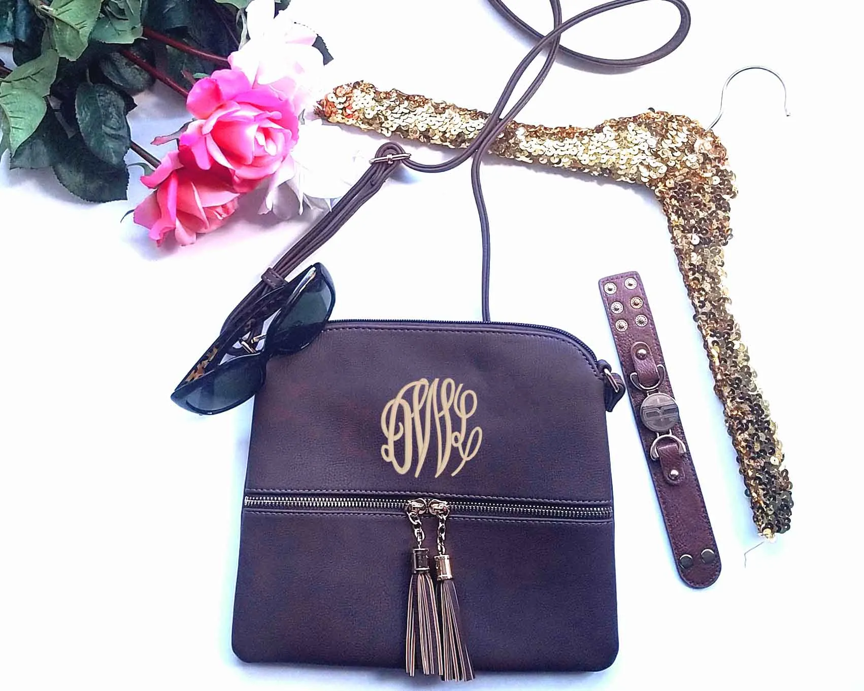 Camel tassel cross body hipster bag Monogrammed purse