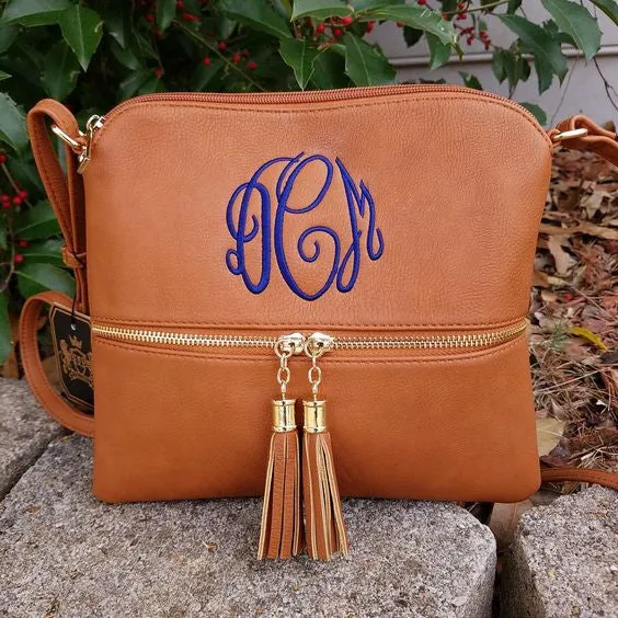 Camel tassel cross body hipster bag Monogrammed purse