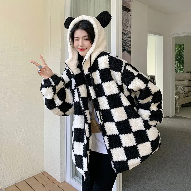 Cute Grid Plush Coat