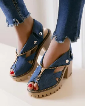 Denim Zipper Block Heel Sandals(Large size)