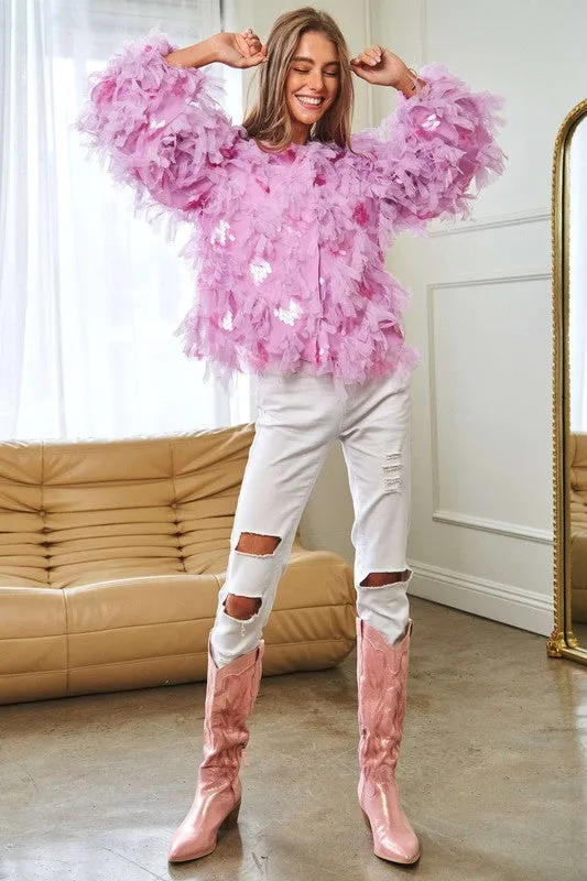 Fluffy Tiered Ruffle Long Sleeve Party Jacket