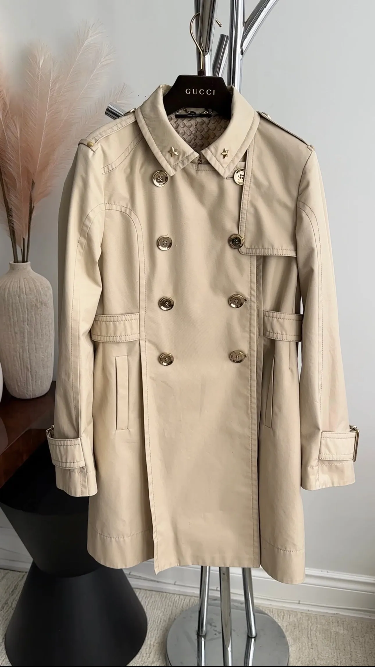 Gucci Beige Double Breasted Star Charm Belted Trench Coat - USA 2