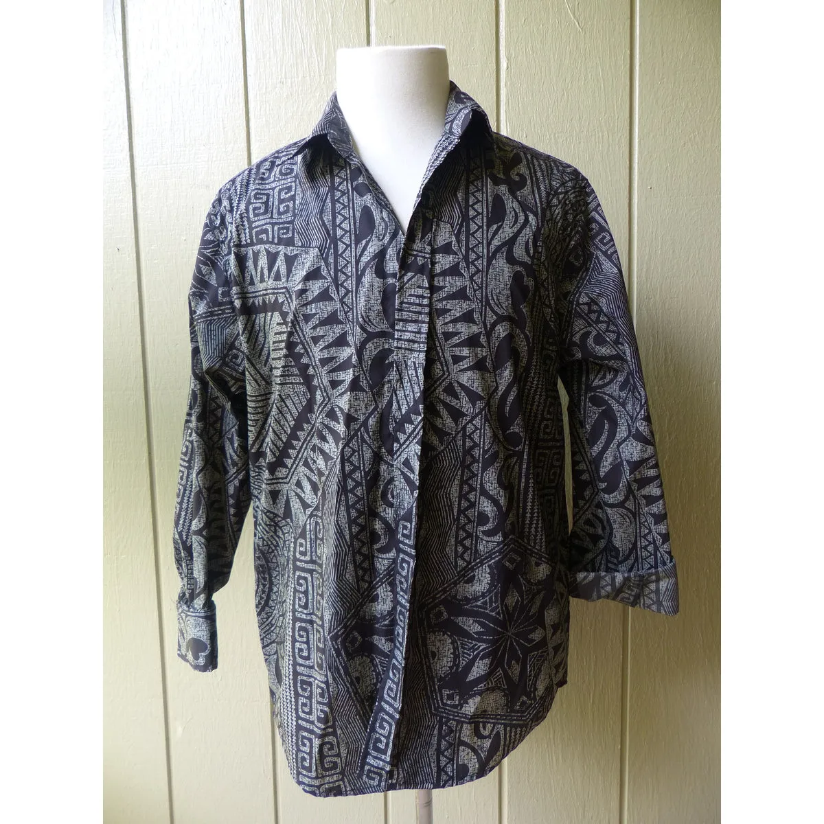 Hawaiian Shirt in Grey Tapa Print | Long Sleeve Dress Shirt