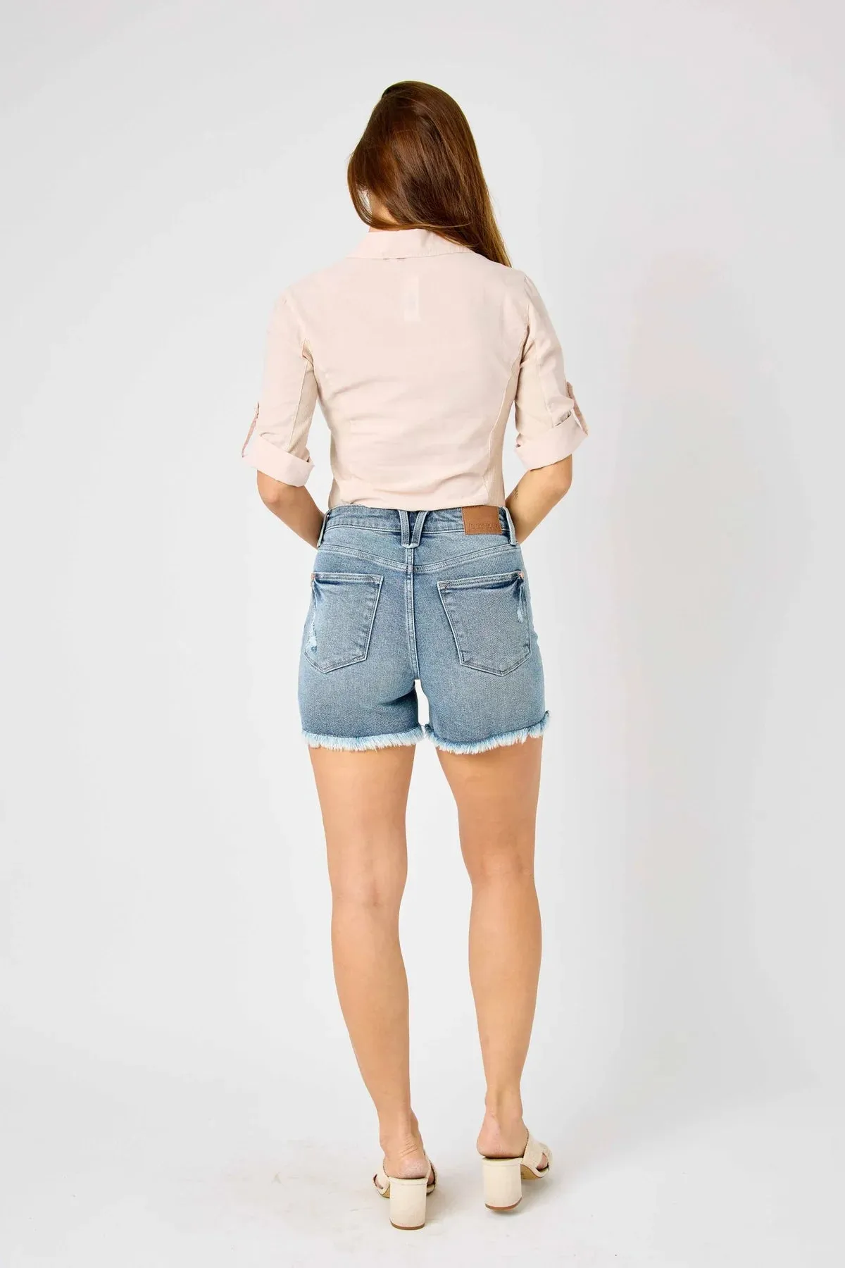 Judy Blue HW Button Fly Destroy Hi-Lo Cut Hem Shorts