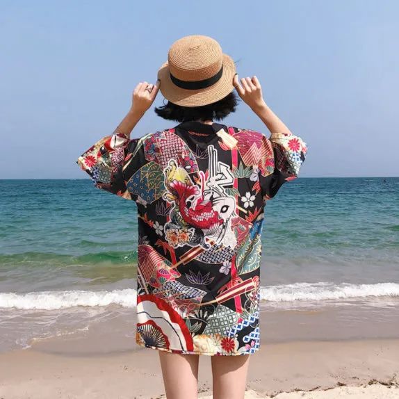 Koi Fish and Fan Kimono Shirt | Anime Kimono