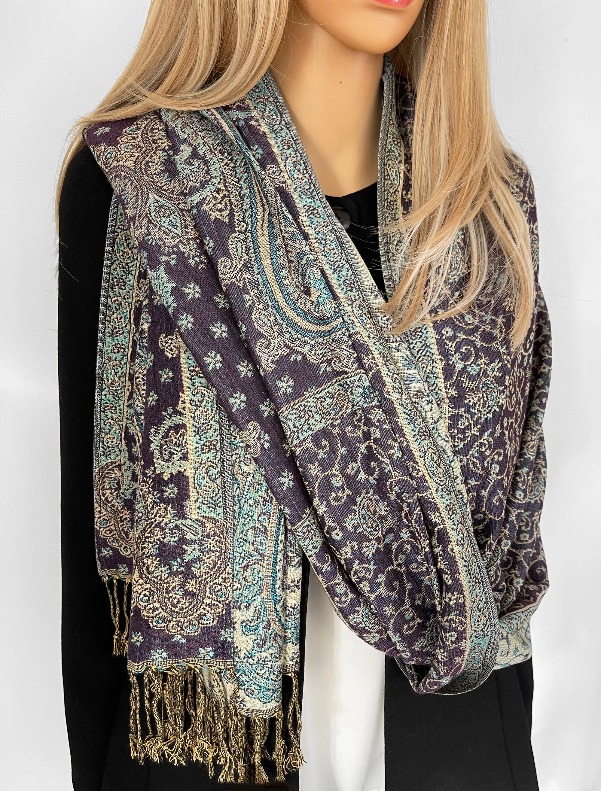 LARGE PURPLE REVERSIBLE MULTI COLOUR PAISLEY PRINT PASHMINA SHAWL SCARF WRAP