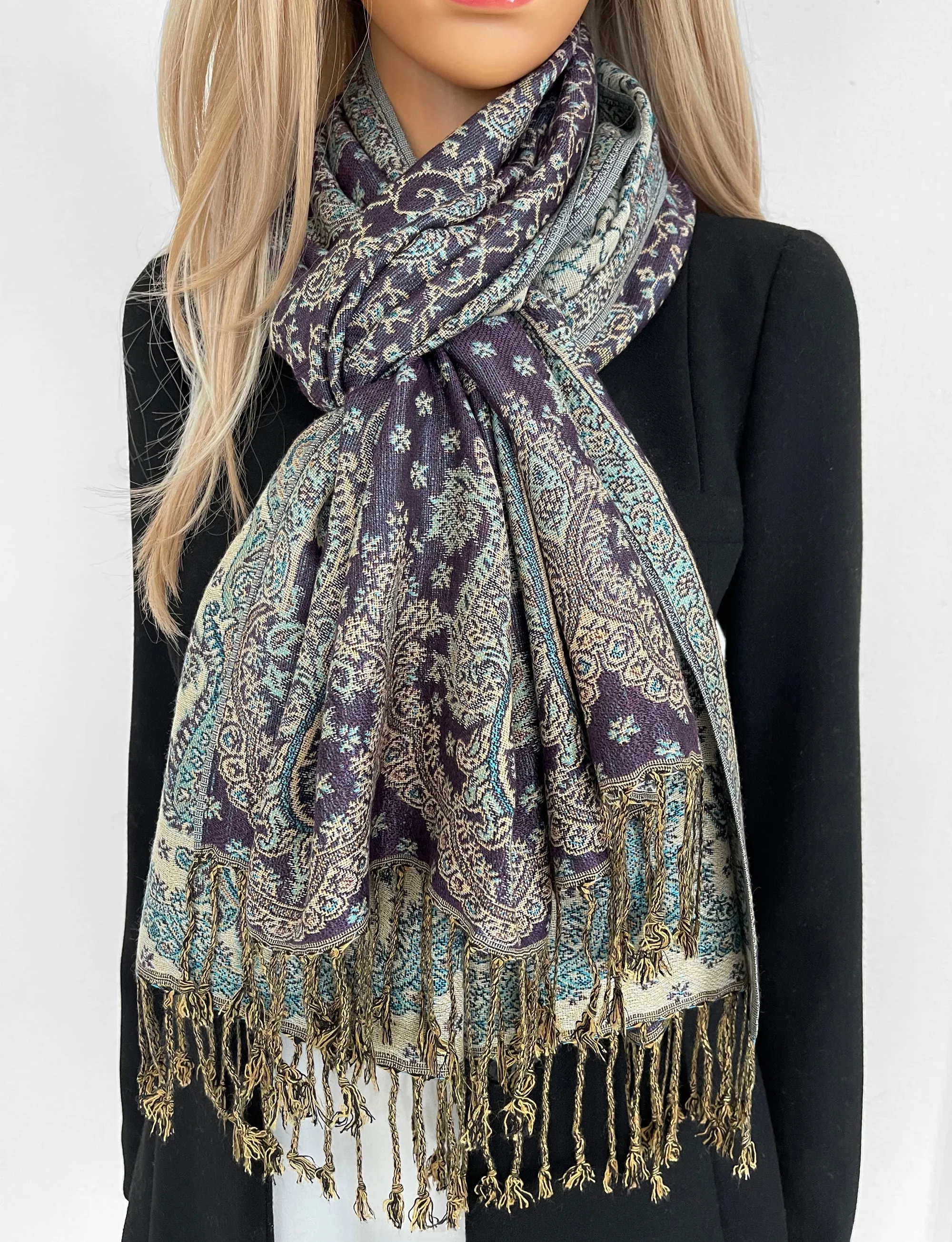 LARGE PURPLE REVERSIBLE MULTI COLOUR PAISLEY PRINT PASHMINA SHAWL SCARF WRAP