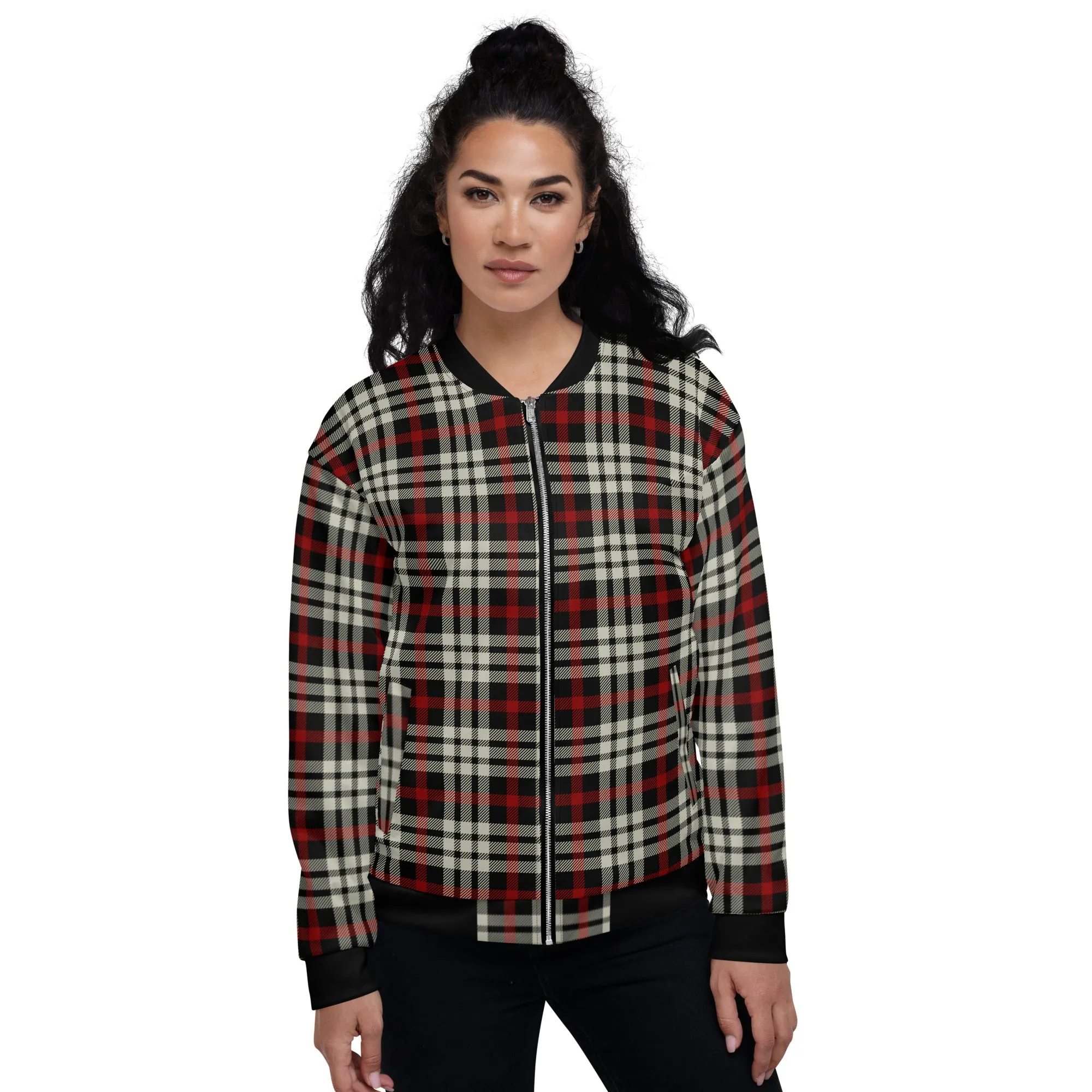 M Kemp Black and Red Plaid Unisex Bomber Jacket