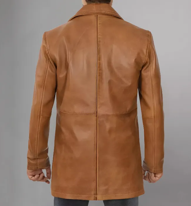 Mens Distressed Camel 3/4 Length Leather Coat