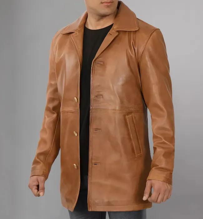 Mens Distressed Camel 3/4 Length Leather Coat