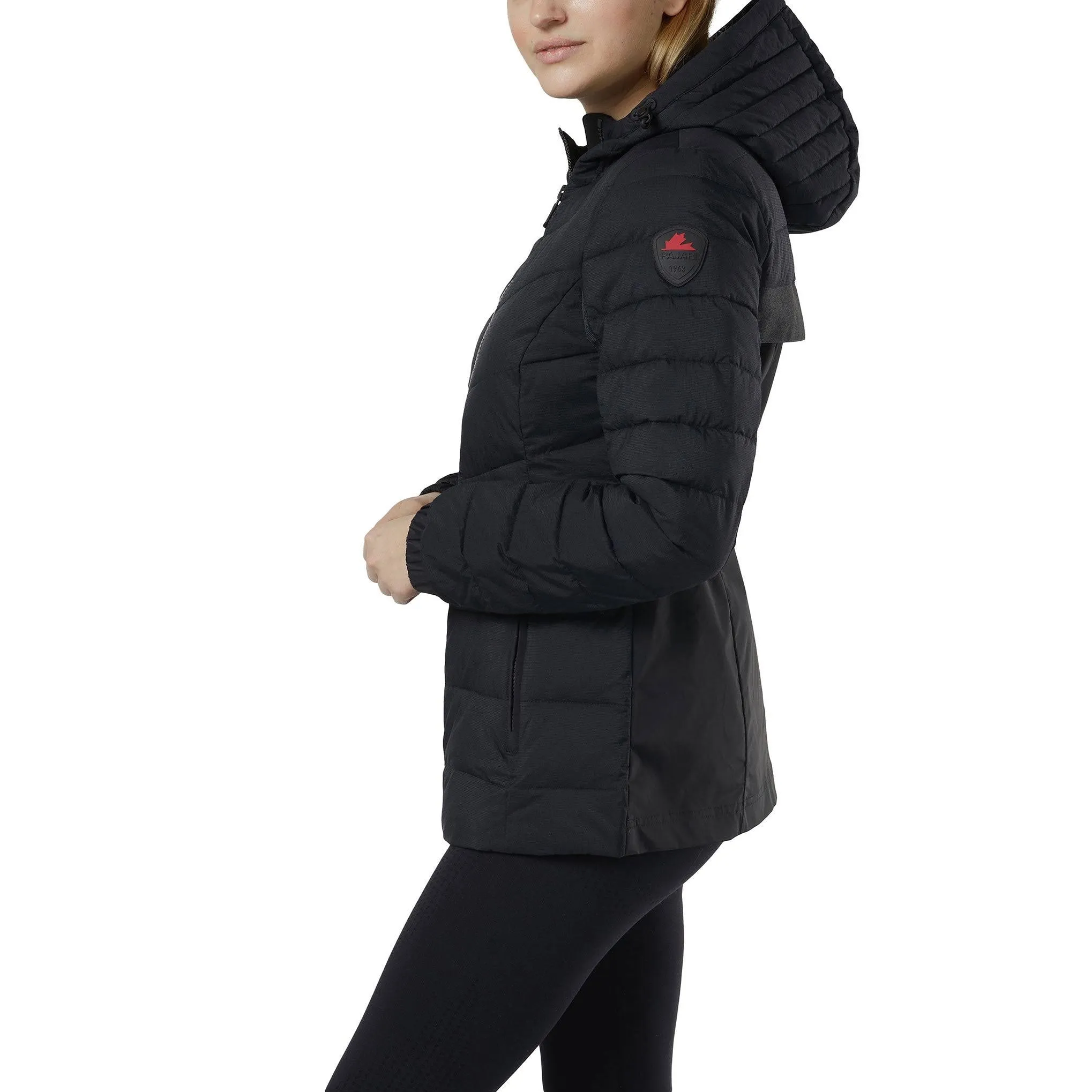 Optimize the title of this e-commerce product to: Black Pajar Womens Lightweight Packable Corella Hooded Puffer Jacket