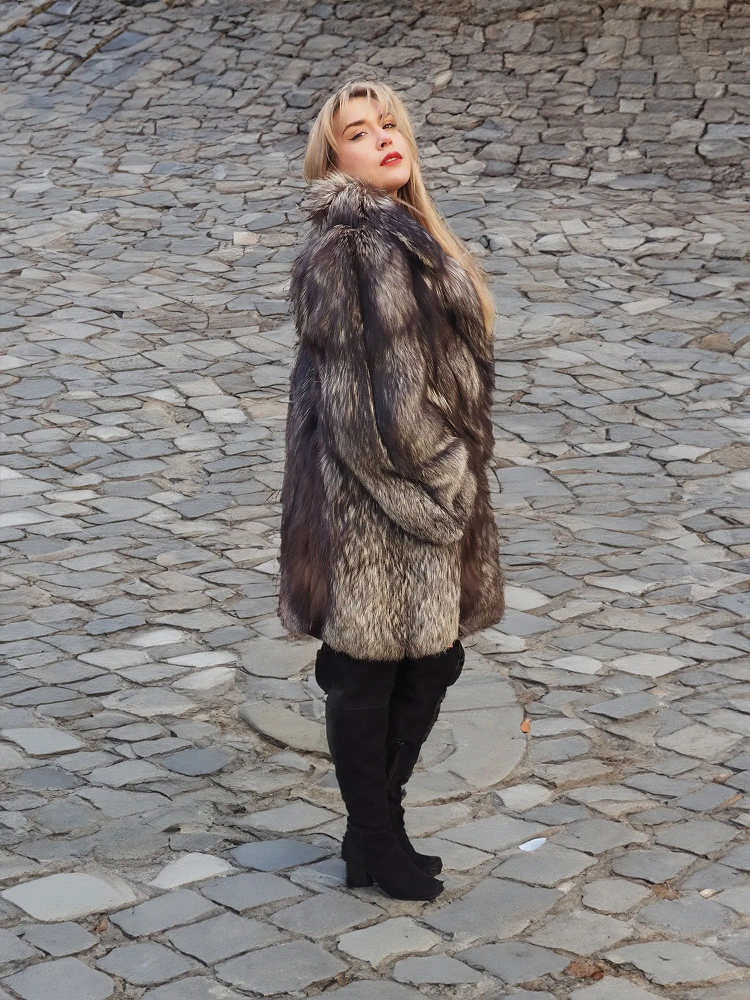 Silver Fox Fur Coat Long Jacket Brand New Stunning M/L