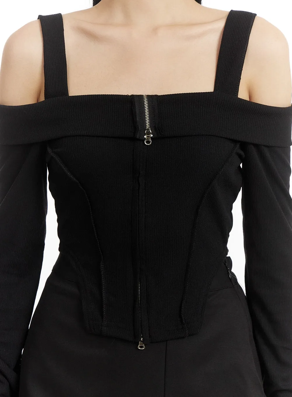 Solid Zipper Detail Off Shoulder Long Sleeve IM406