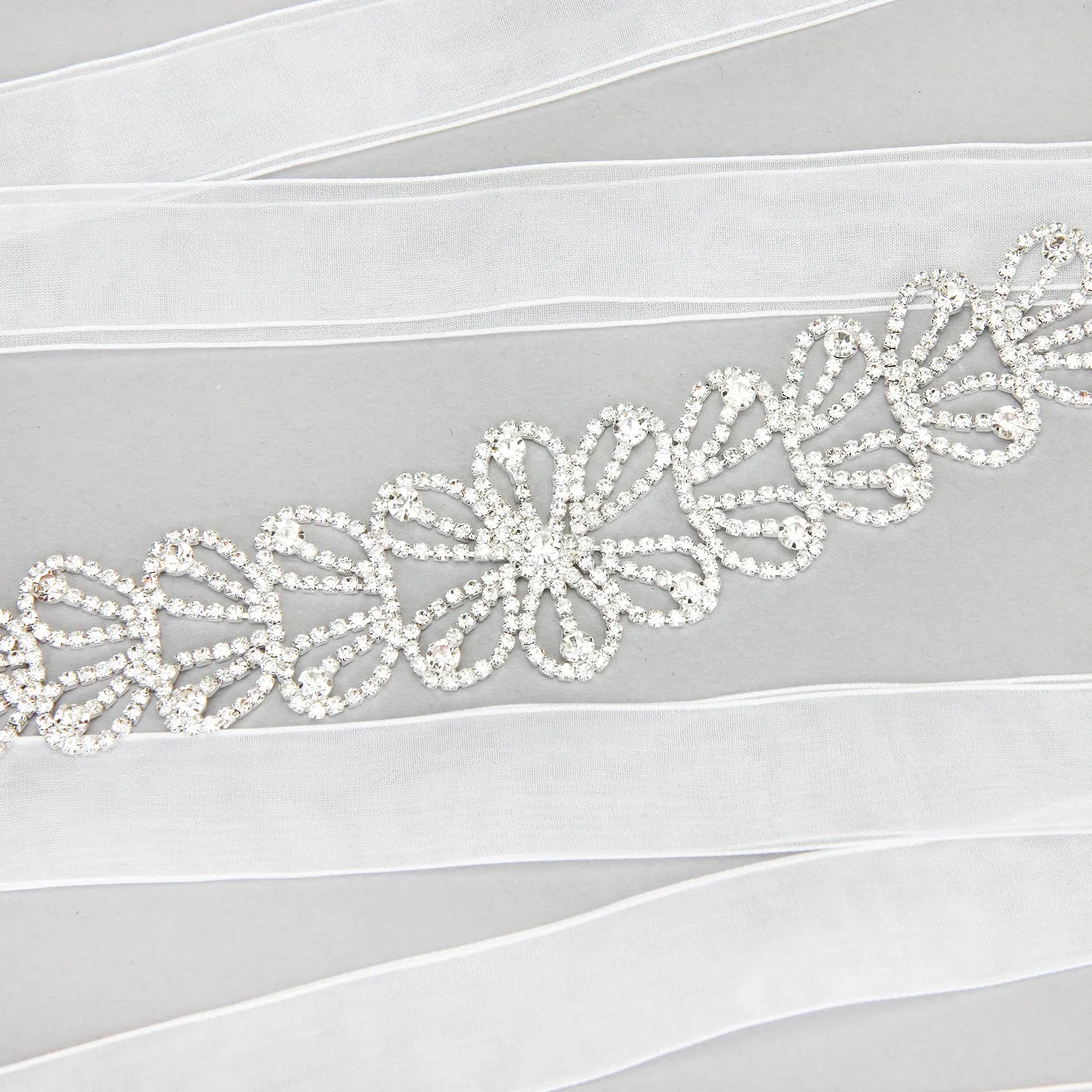 Valeria Flower Petal Rhinestone Ribbon Bridal Sash Belt