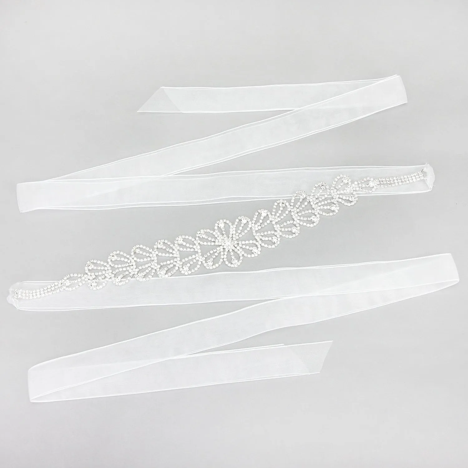 Valeria Flower Petal Rhinestone Ribbon Bridal Sash Belt