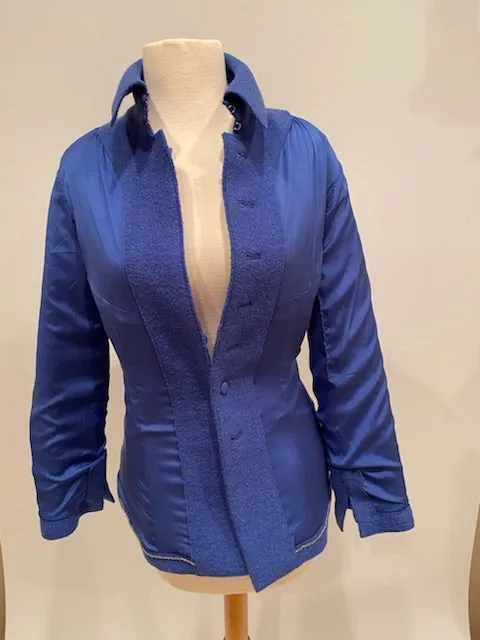 Vintage Chanel 99A, 1999 Fall Blue Boiled Wool Jacket Blazer FR 44