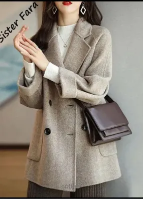 Women's Autumn/Winter Hand Sewn Double Sided Woolen Coat Khaki Color Suit Collar Loose Stylish Warm Woolen Coat 30326