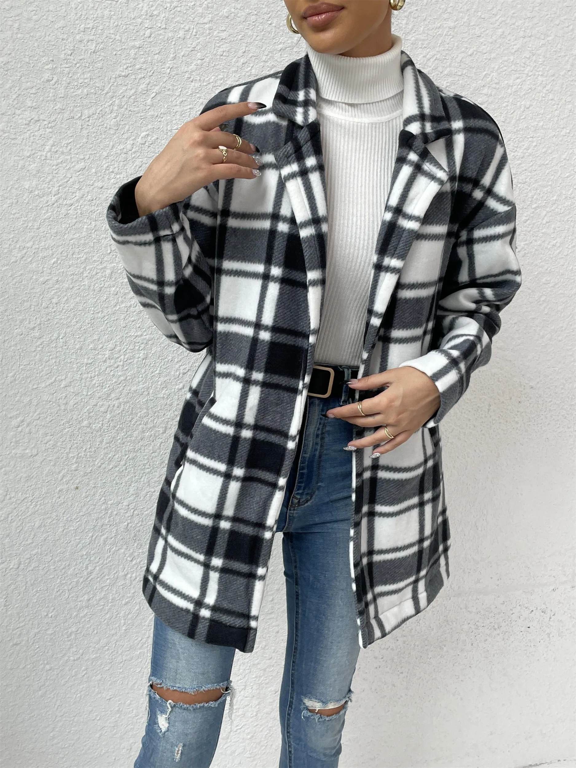 Women's Button Down Flannel Plaid Long Sleeve Collared Long Jacket Coats