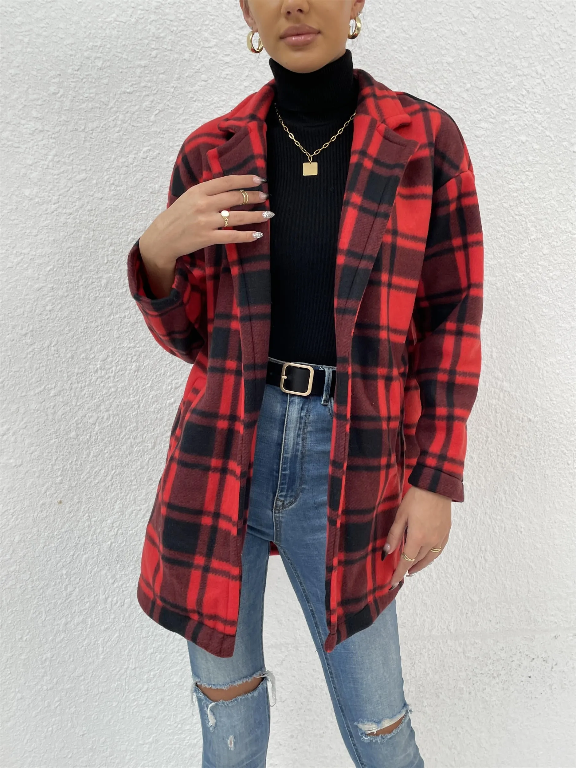 Women's Button Down Flannel Plaid Long Sleeve Collared Long Jacket Coats