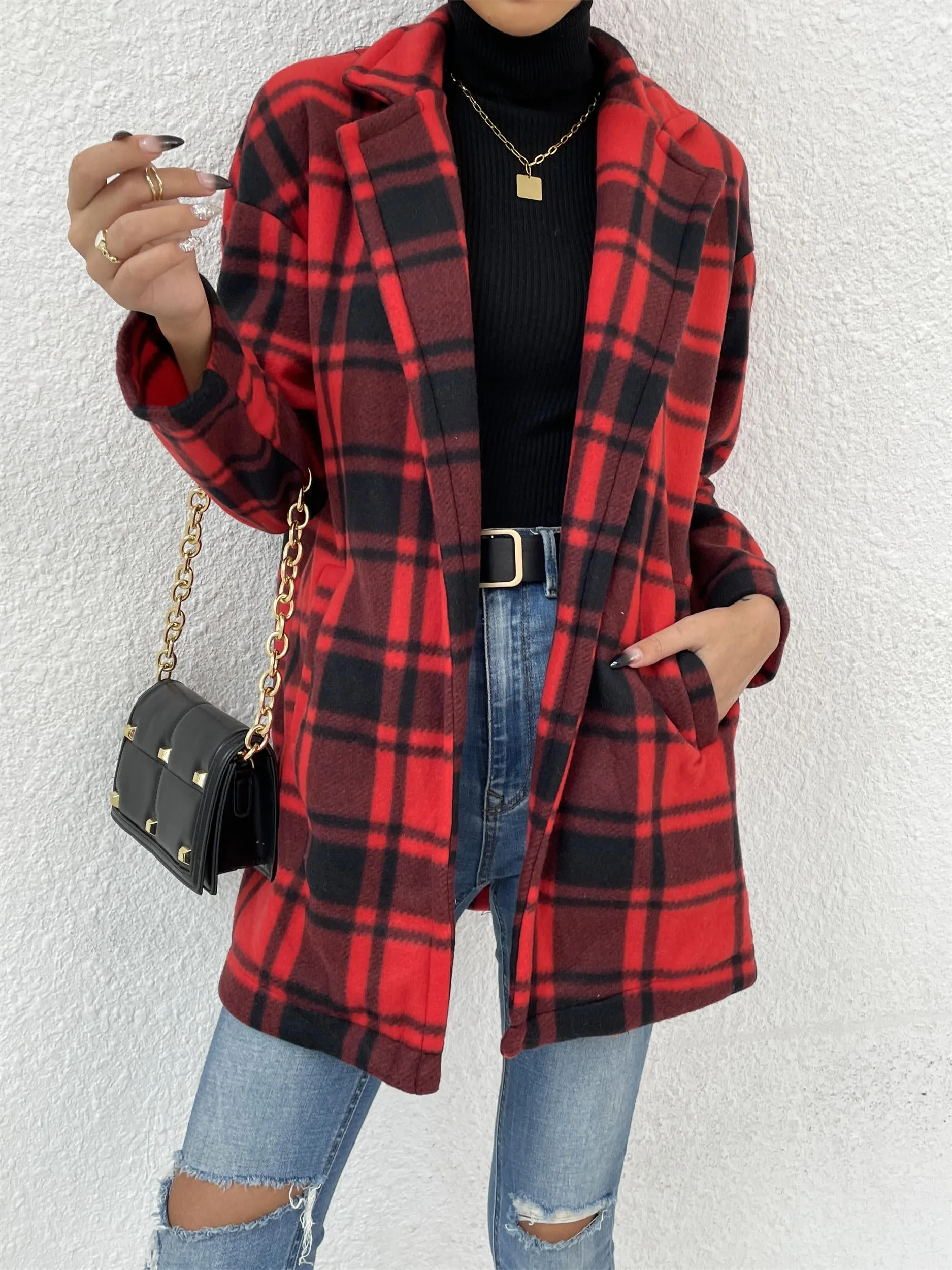 Women's Button Down Flannel Plaid Long Sleeve Collared Long Jacket Coats