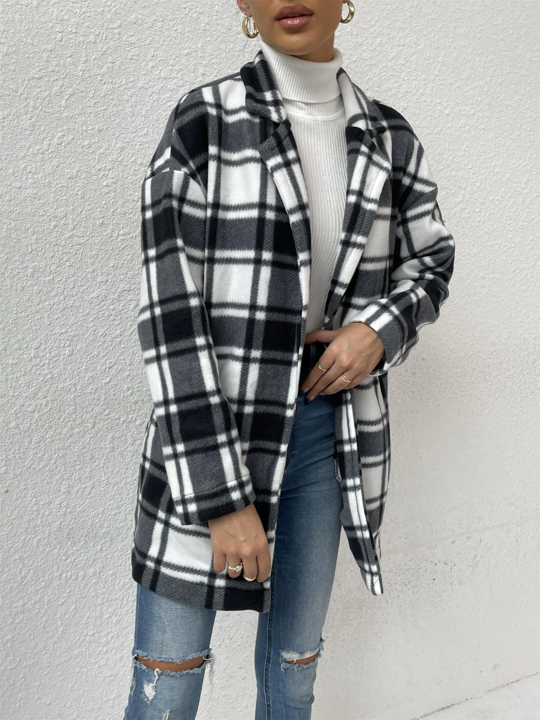 Women's Button Down Flannel Plaid Long Sleeve Collared Long Jacket Coats