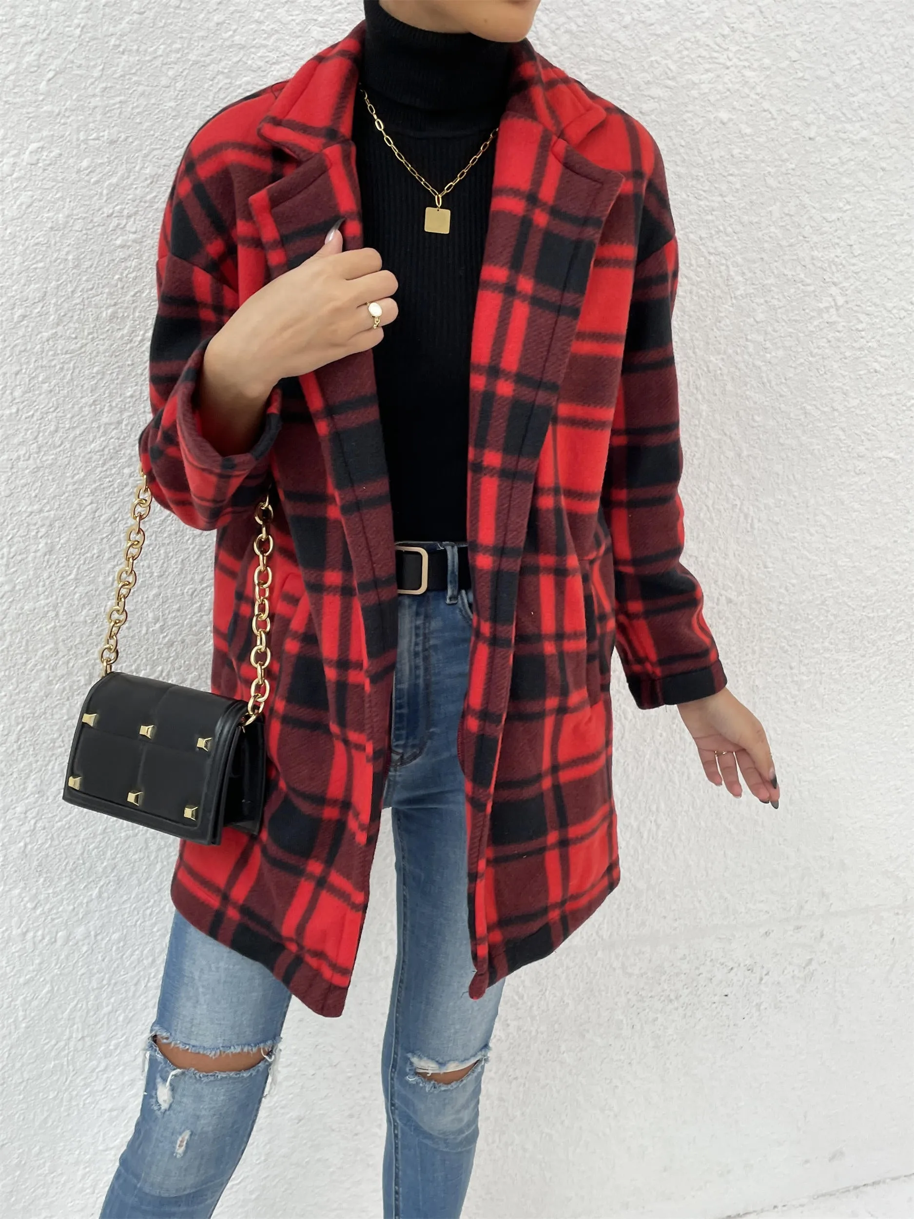 Women's Button Down Flannel Plaid Long Sleeve Collared Long Jacket Coats