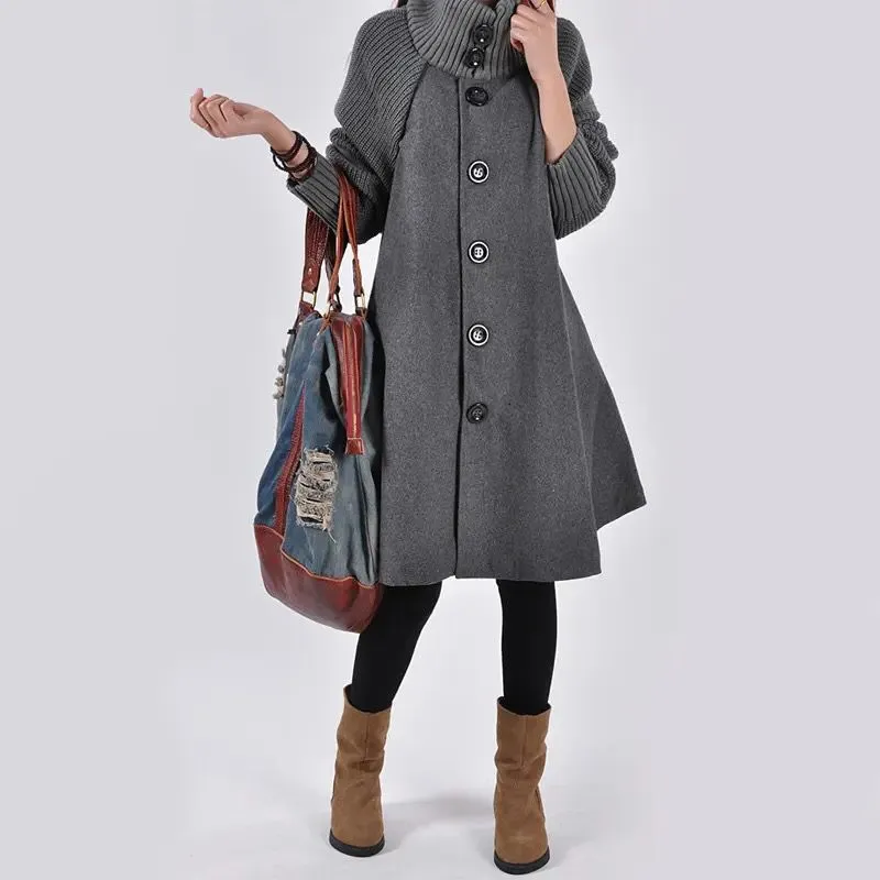 Woolen Coat Winter Cloak Knit Long-sleeved High O-neck Trench Coat Female Spring Autumn Women's Single-breasted Windbreaker B-27354