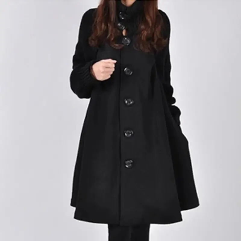 Woolen Coat Winter Cloak Knit Long-sleeved High O-neck Trench Coat Female Spring Autumn Women's Single-breasted Windbreaker B-27354